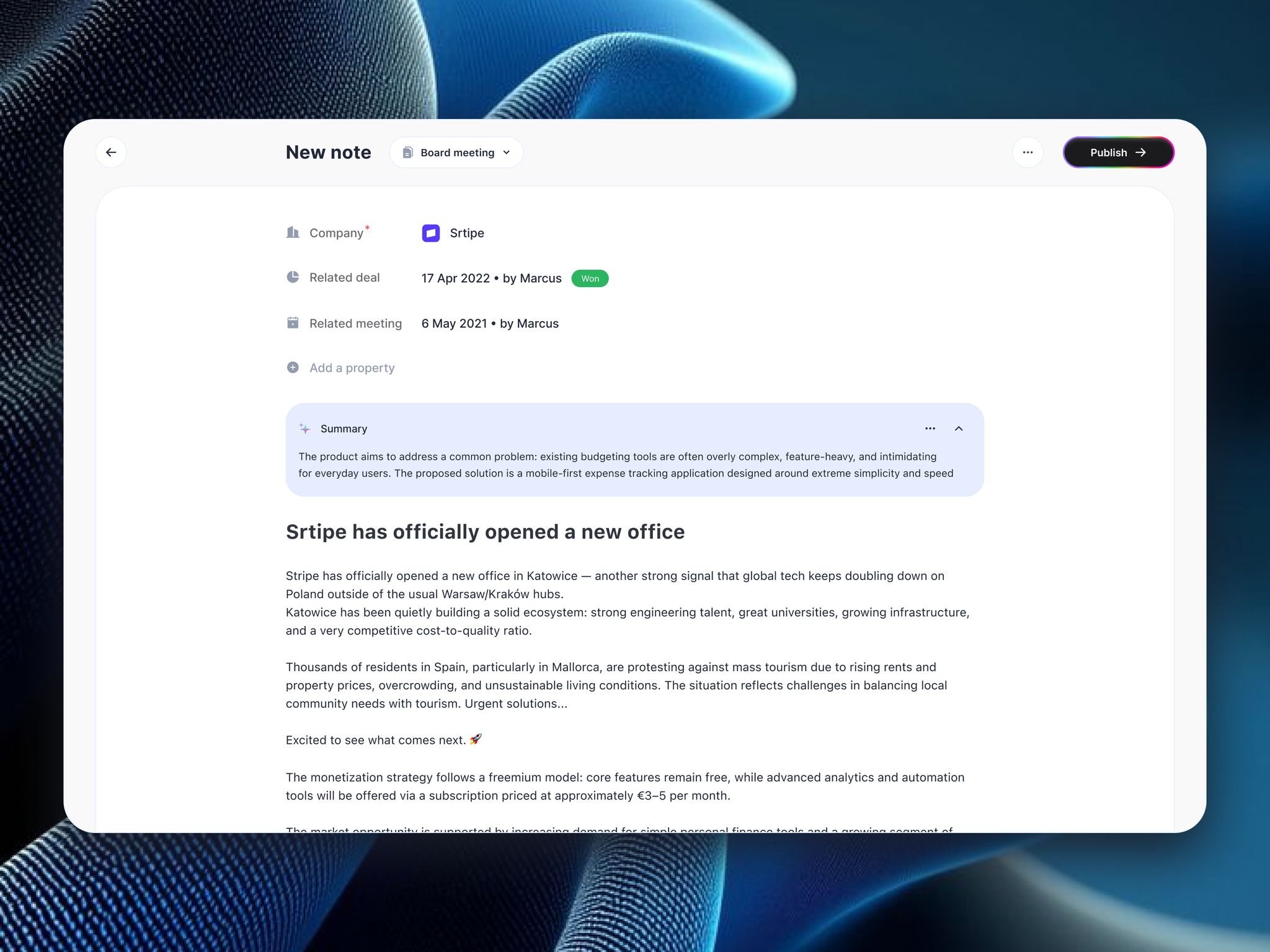 Company Summary view with key data and AI-generated notes