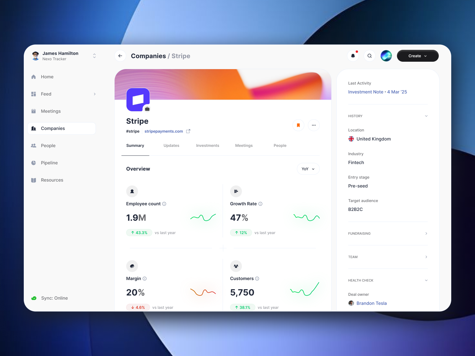 Companies database with hashtags, owners, and stages